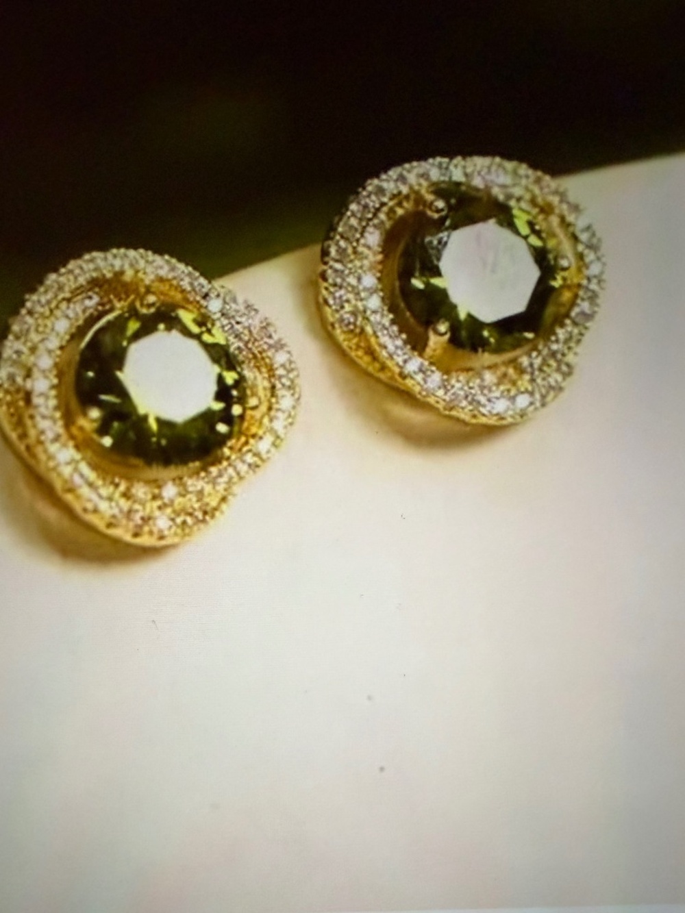 Peridot Olive Green Stud Earrings: Pave Twisted Halo Swirl